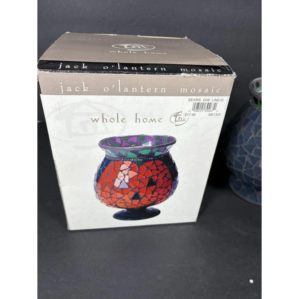Vintage Whole Home Mosaic Jack O Lantern Hurricane Candle Holder Halloween 7